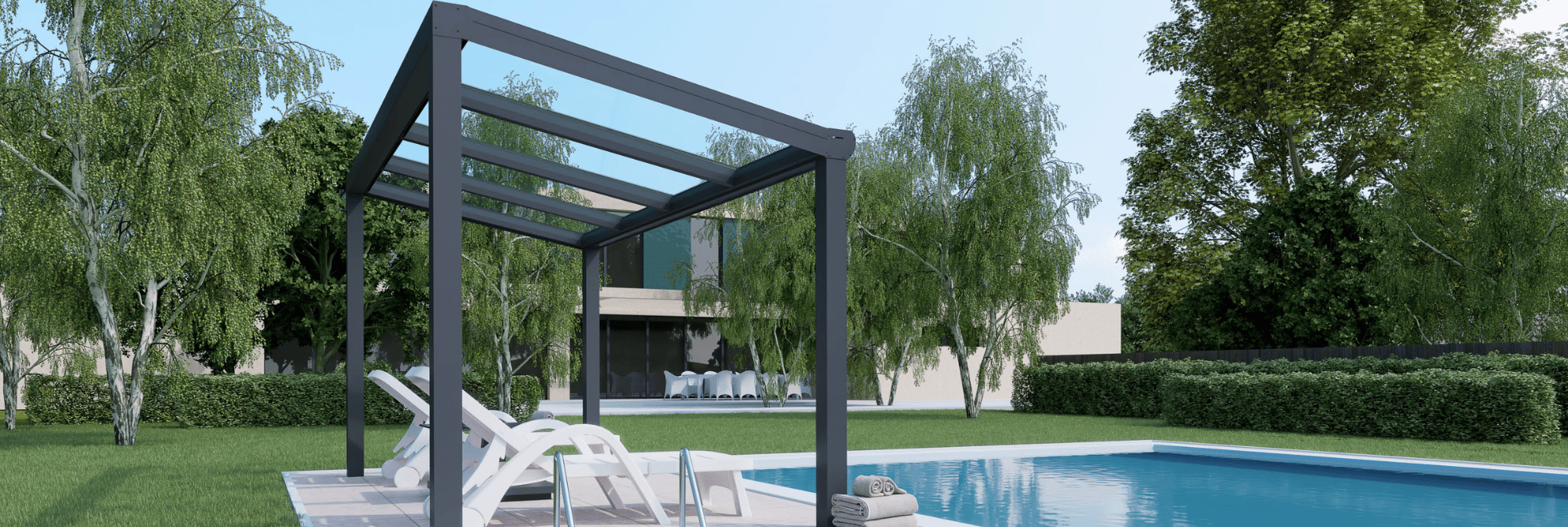 Canopies next to swimming pool